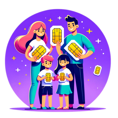 Une famille tenant des cartes SIM à la main